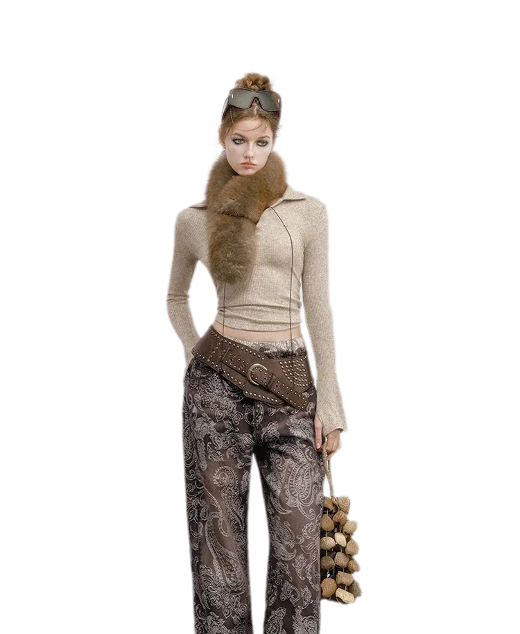 Paisley Double-Waist Frayed Jeans