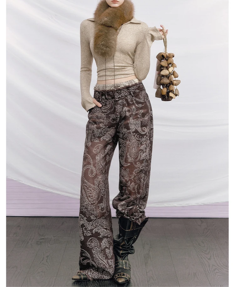 Paisley Double-Waist Frayed Jeans