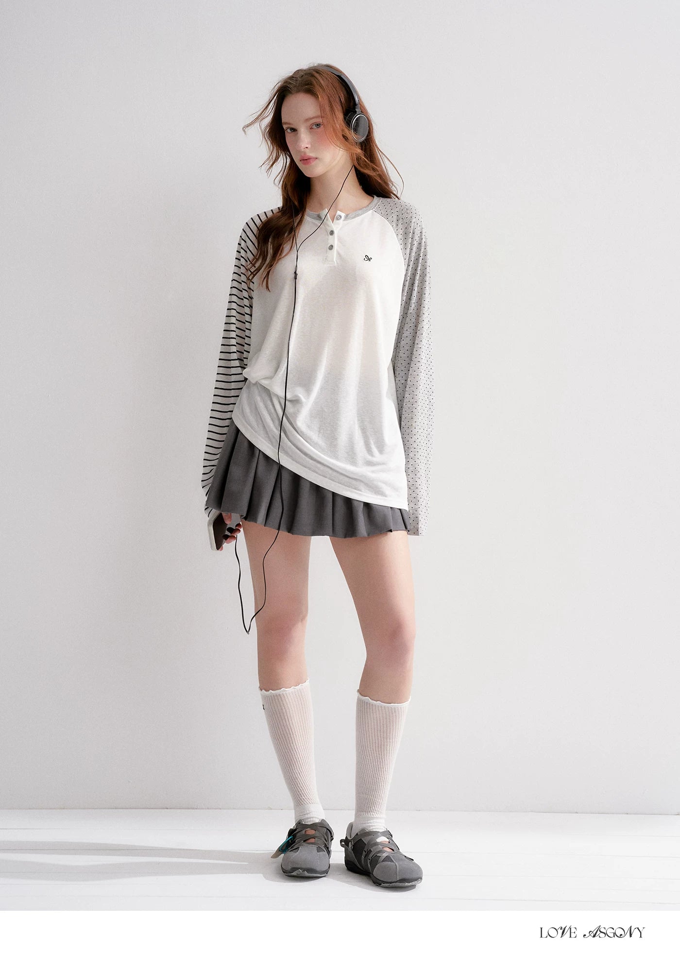 Striped Polka Dot Raglan Sleeve Long Sleeve Pullover