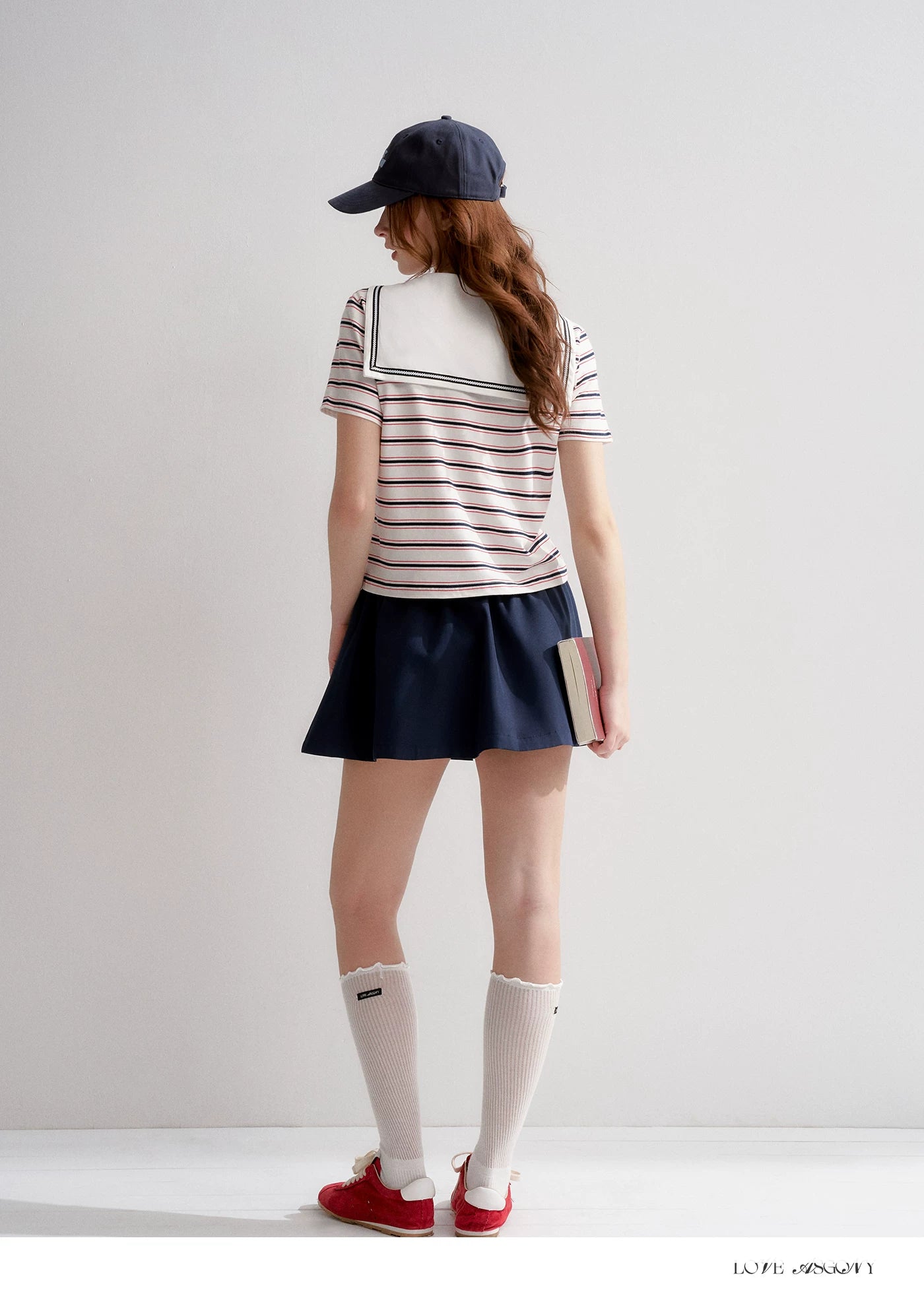 Navy Sailor Collar Tie-Striped Short T-shirt