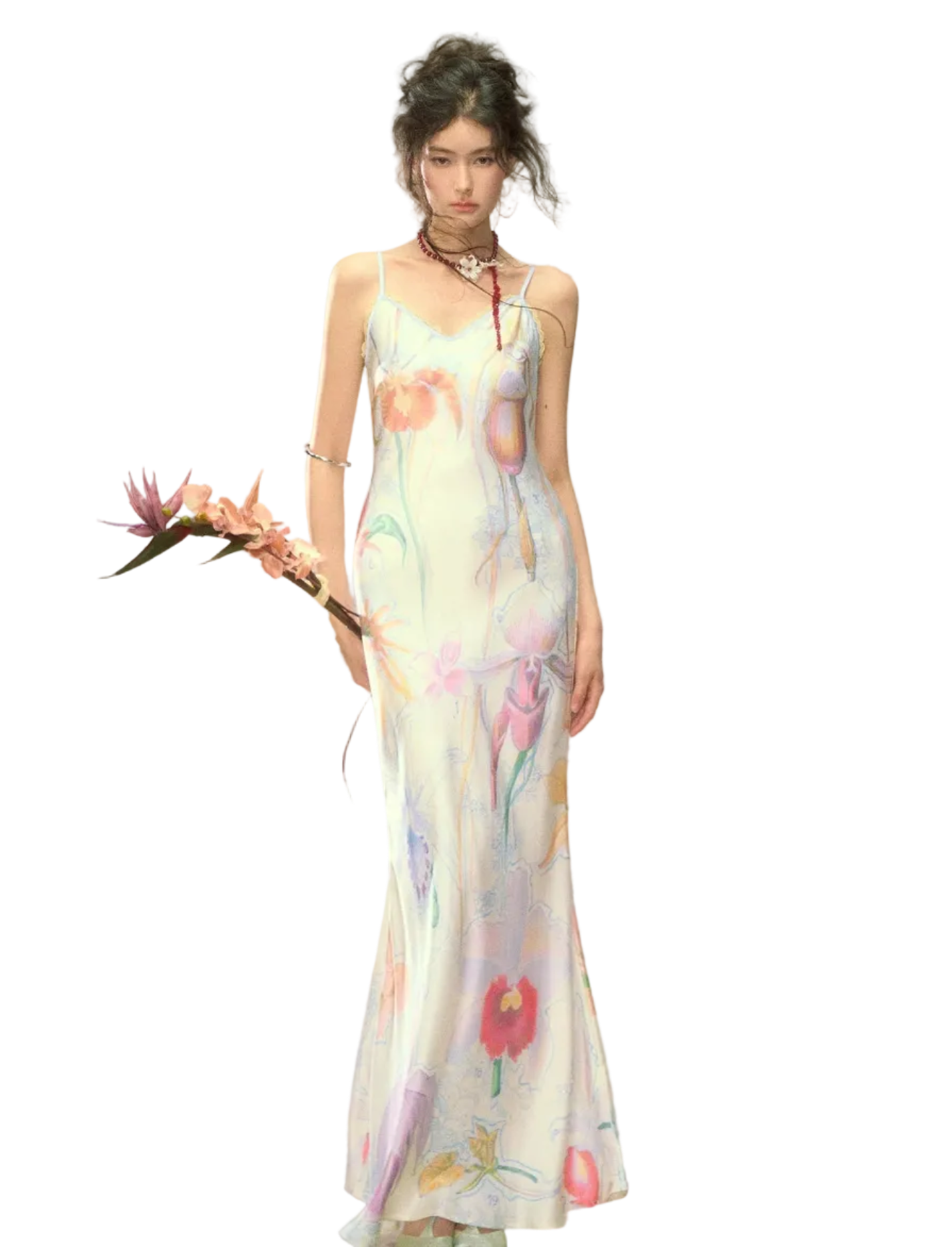 Botanical Print Bias-Cut Camisole Long Dress
