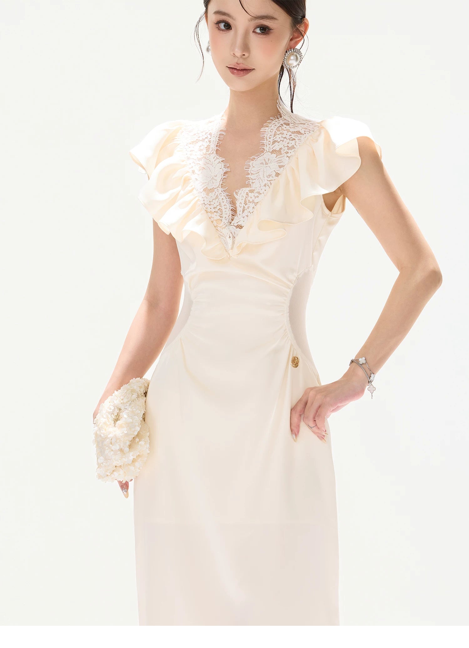 Lace V-Neck Ruffled Waist-Detail Midi Dress