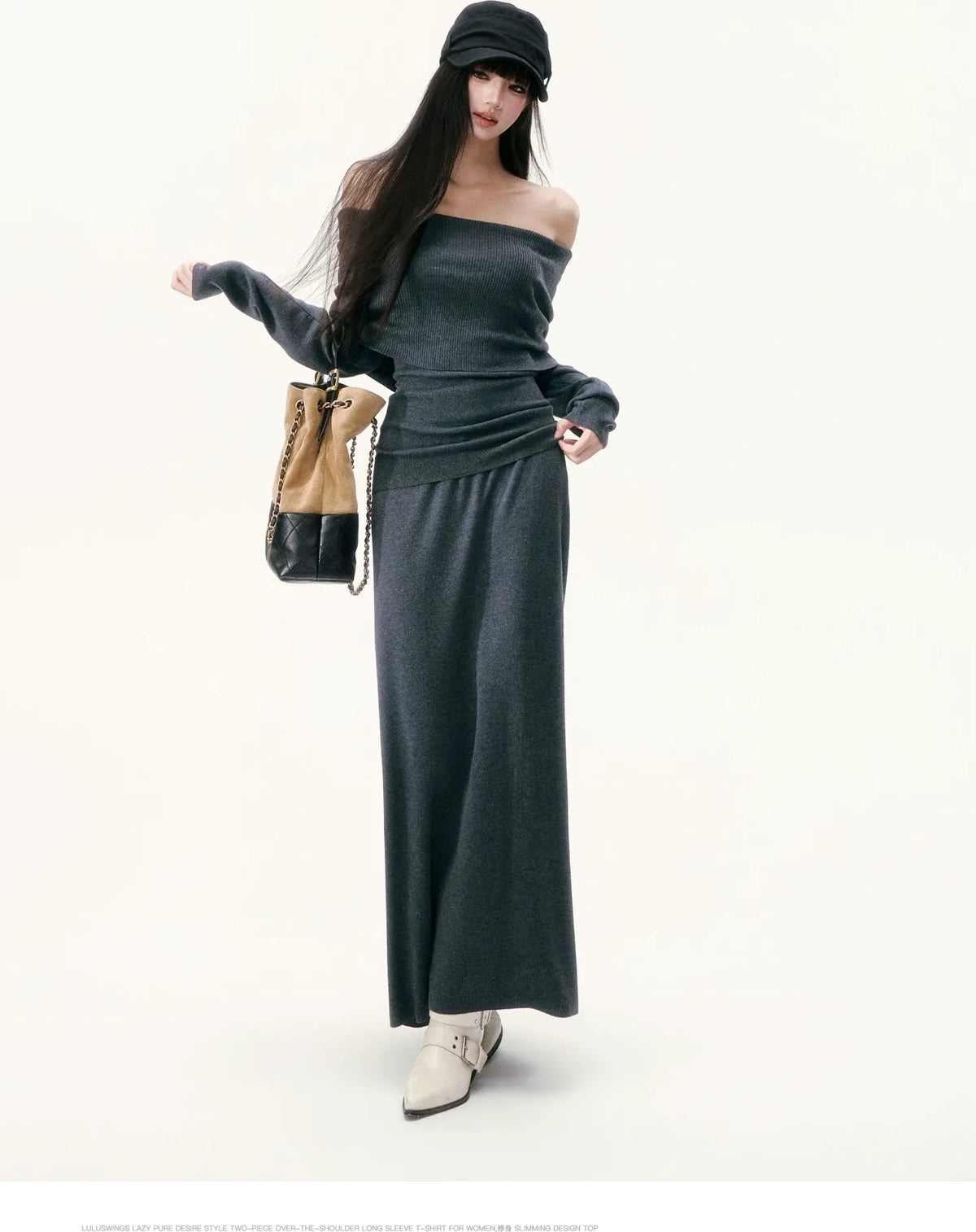 Wool Blend Off-Shoulder Skirt Set