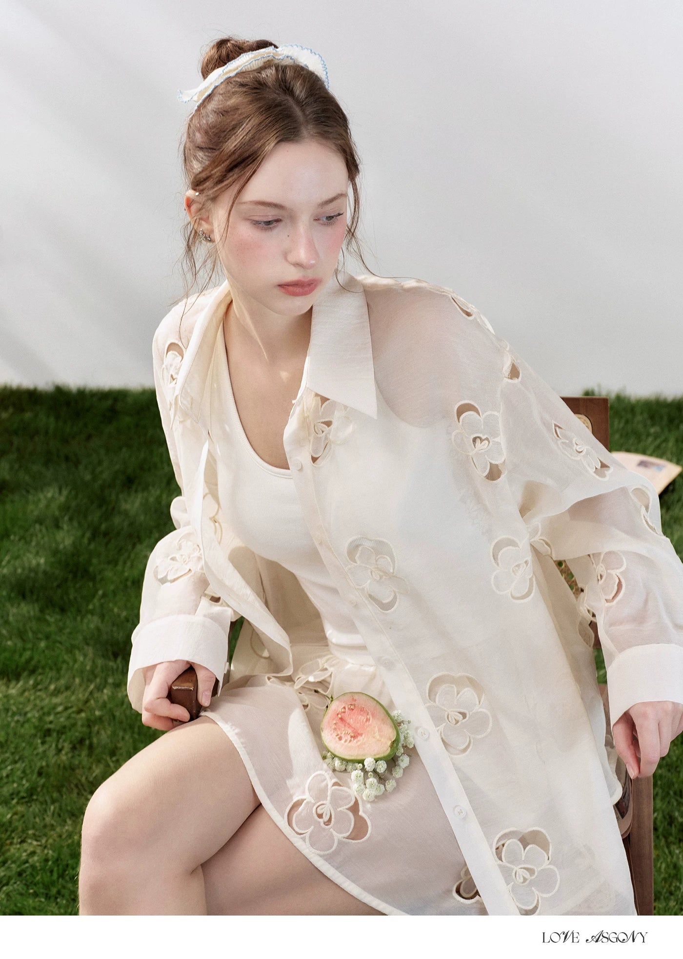 Hollow Floral Embroidered Polo Collar Two-Piece Set