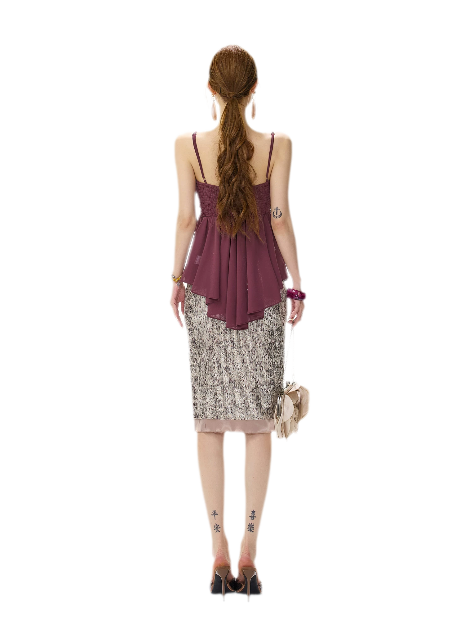 Purple Sequin Slit Skirt