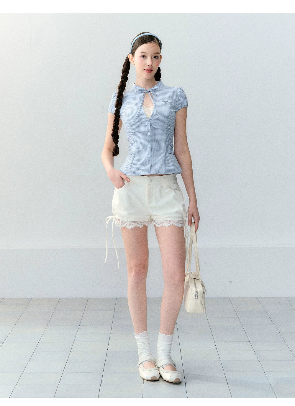 Retro Plaid Tie-Waist Hollow Waist Shirt