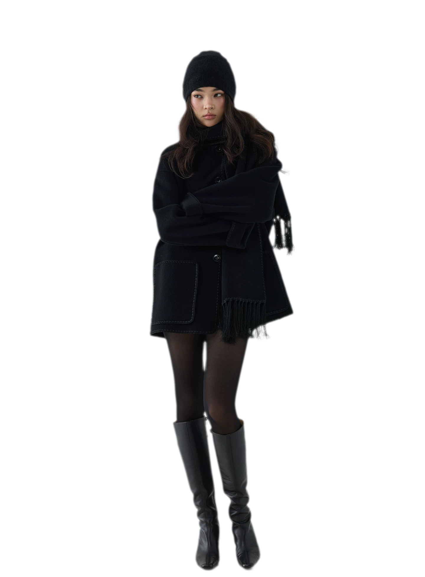 Double-Faced Wool Fringe Cape Coat