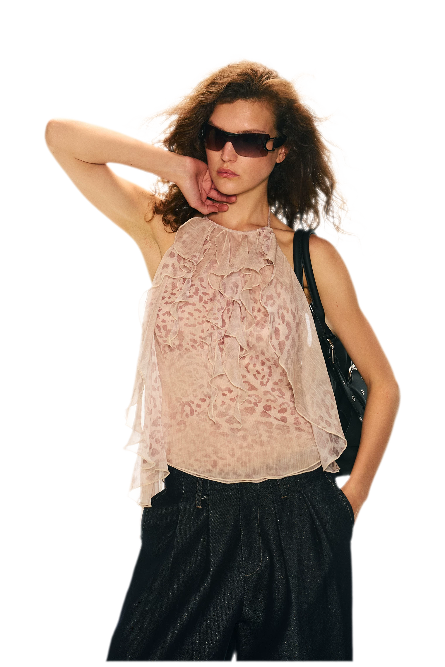 Off-Shoulder Halter Chiffon Check Print Top