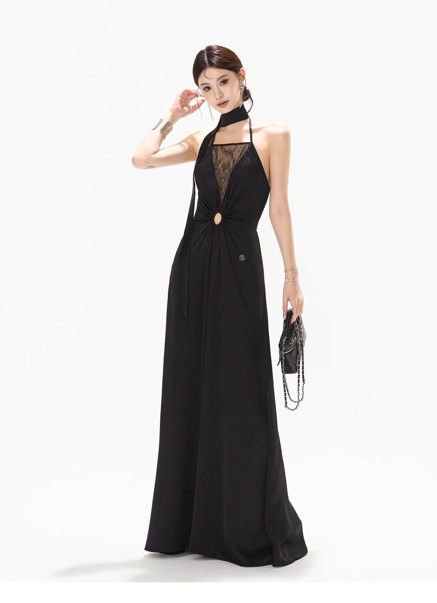 Mesh Lace Deep V Halter Dress with Satin