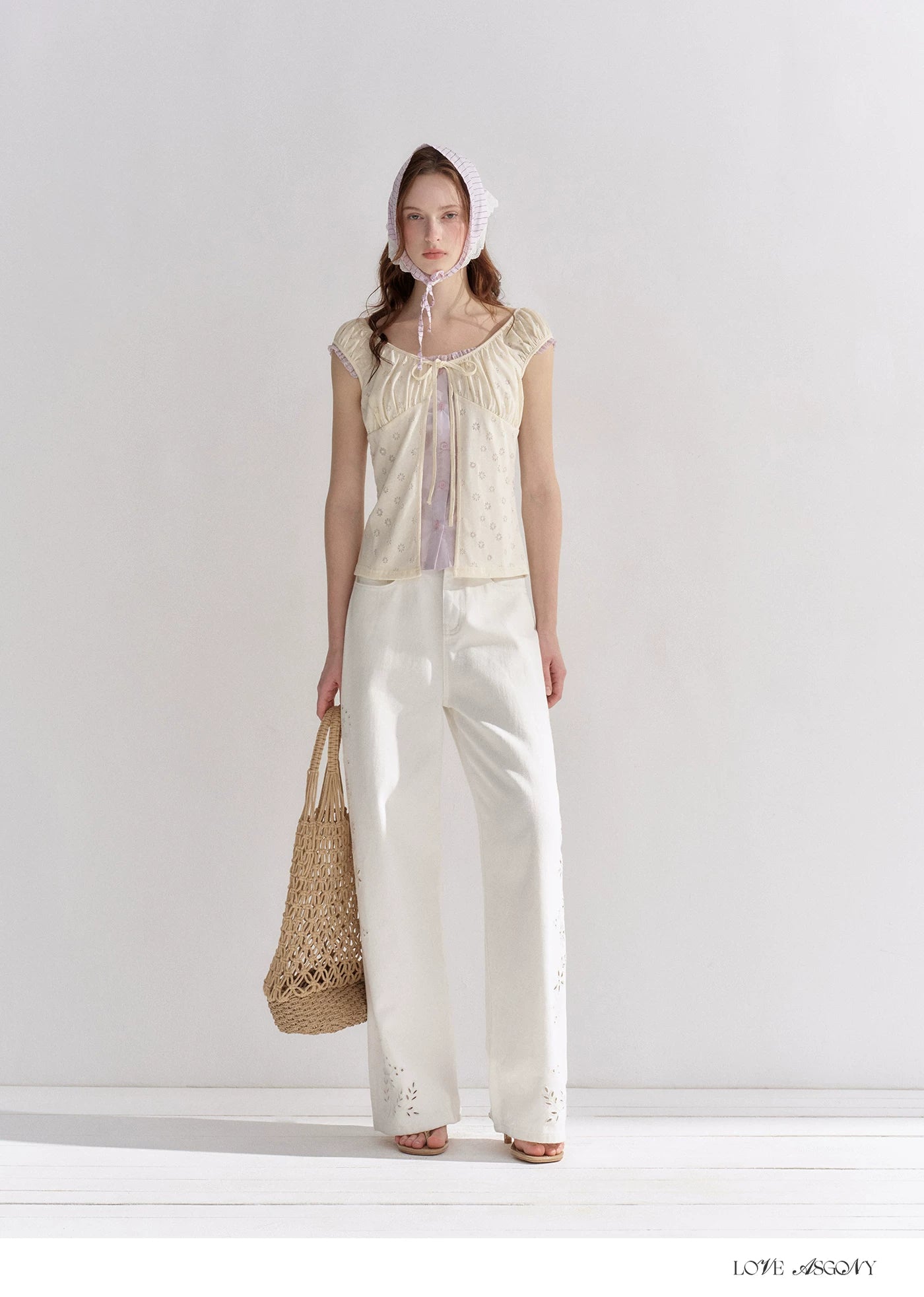 Two-Layer Floral Cutout Contrast Tie-Front Blouse