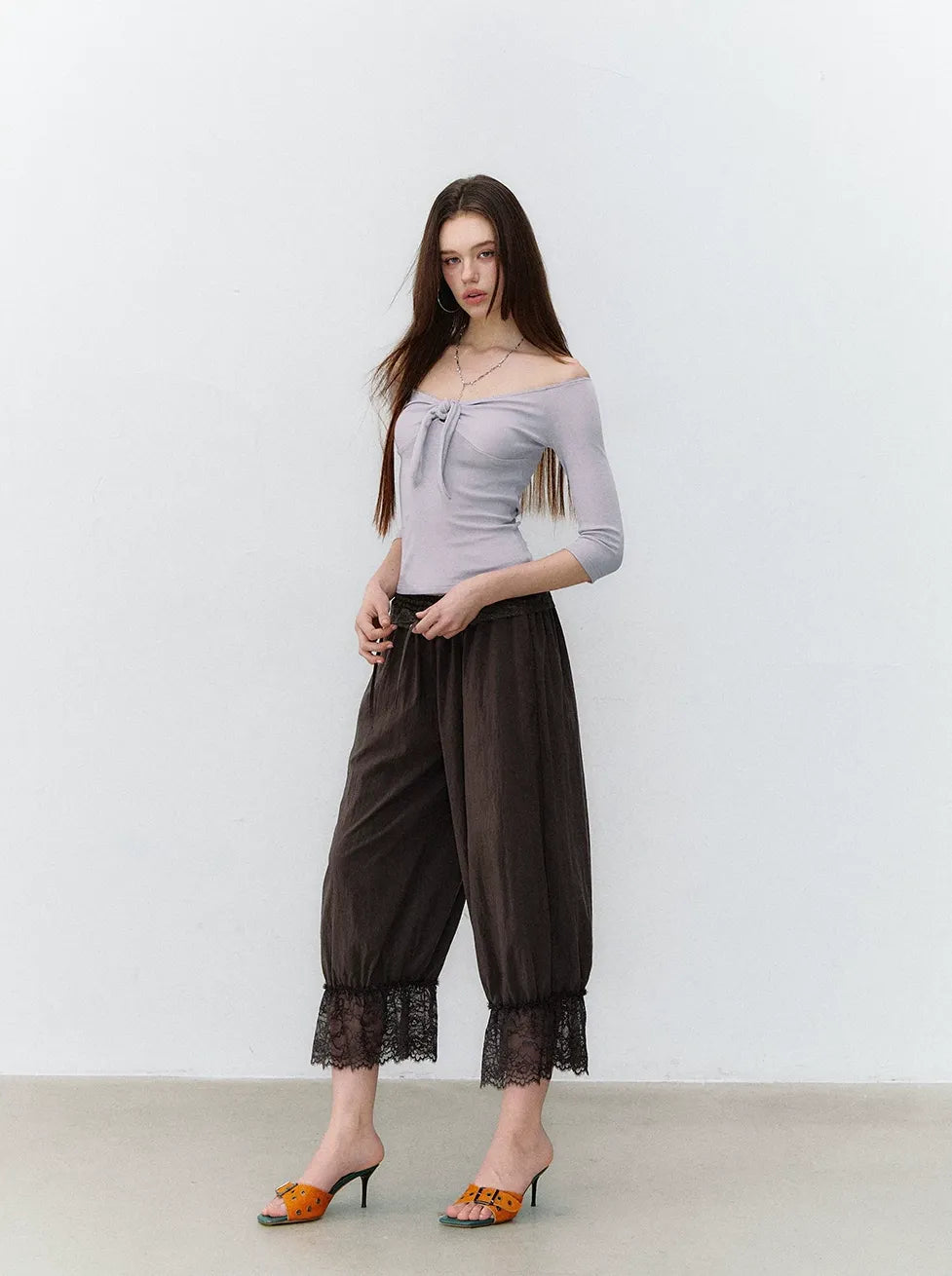 Relaxed Fit Tencel Lace Patchwork Wide Leg Pants