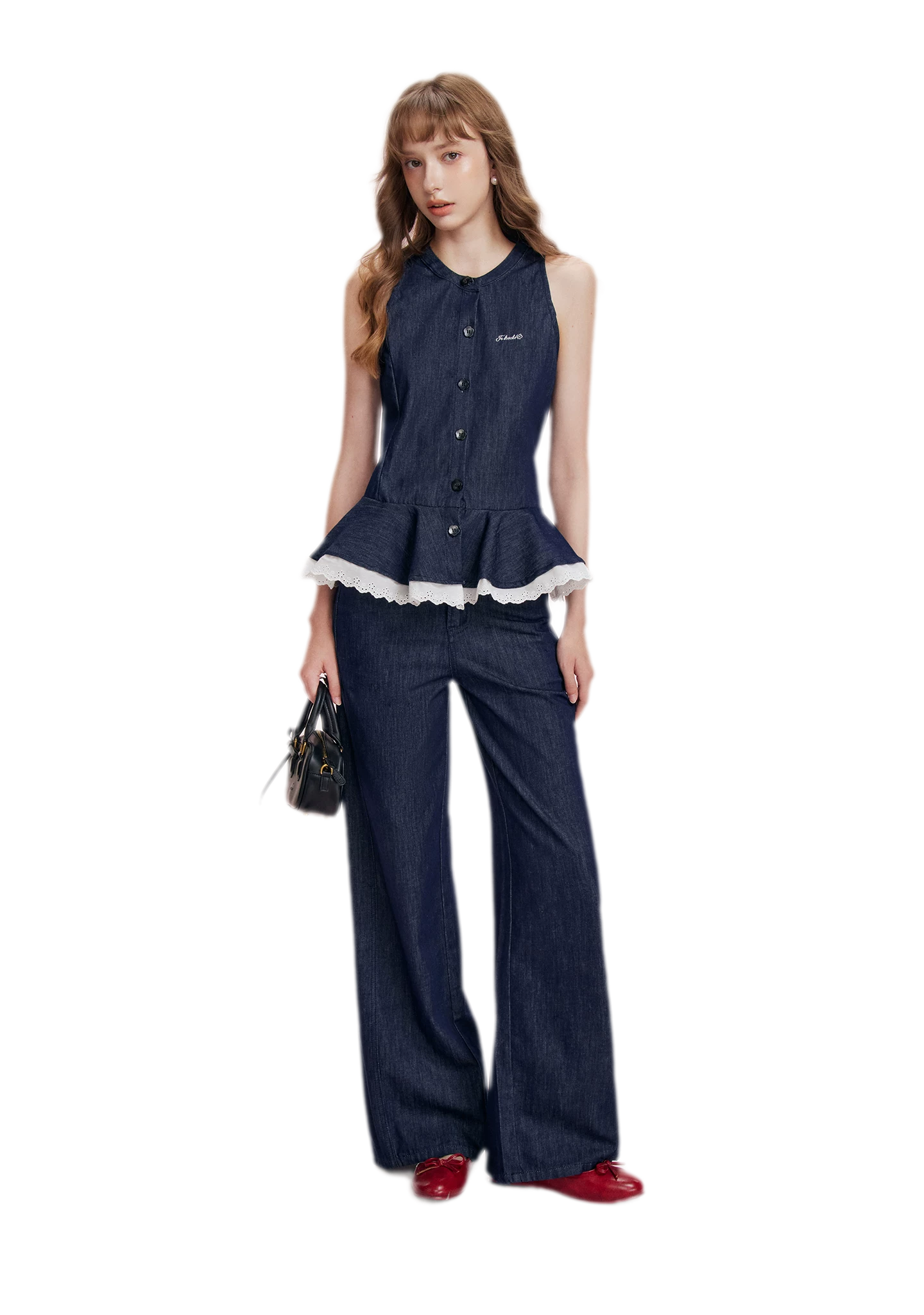 Lace Trim Peplum Denim Set