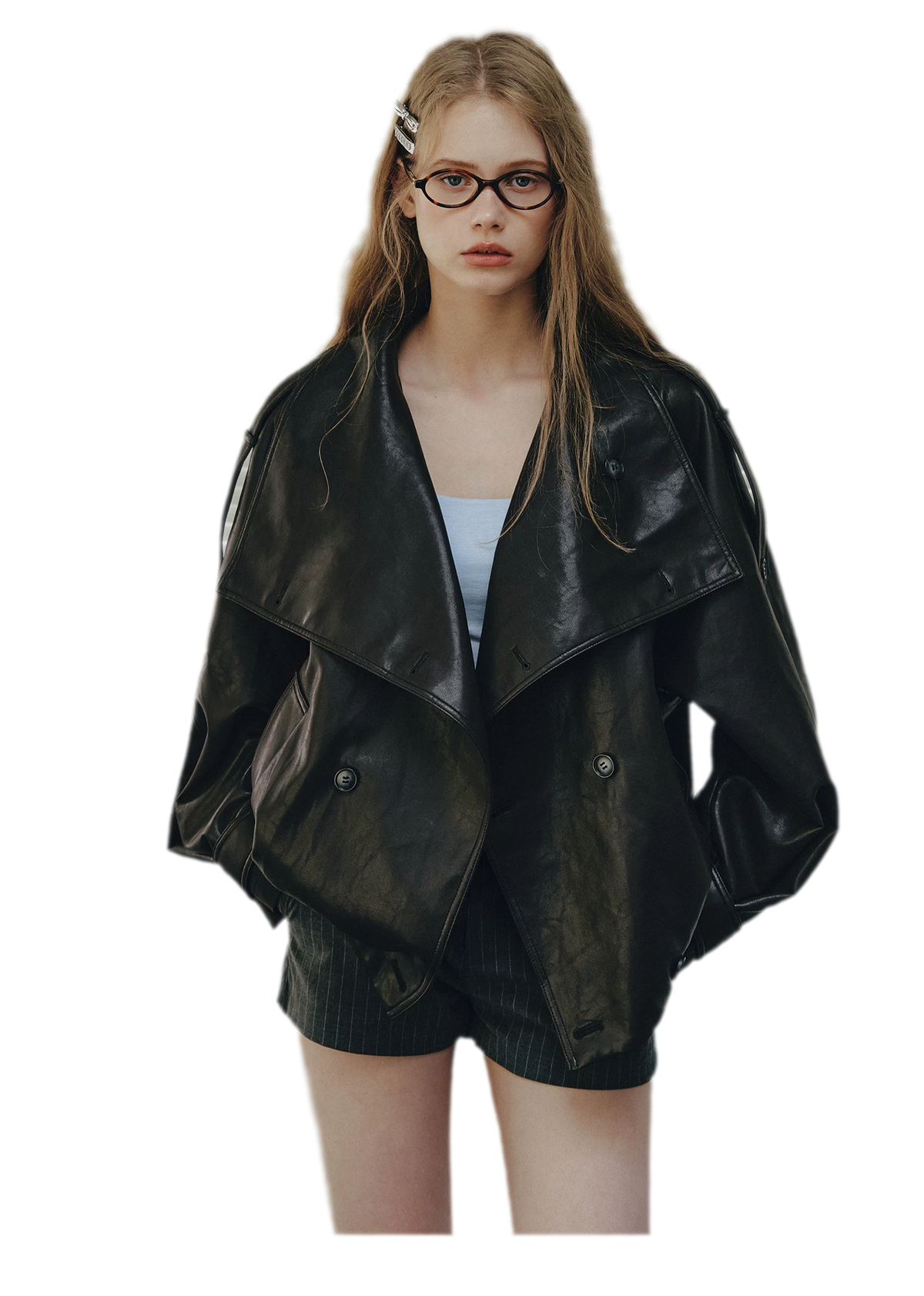 Faux-Leather Oversized Double-Breasted Jacket