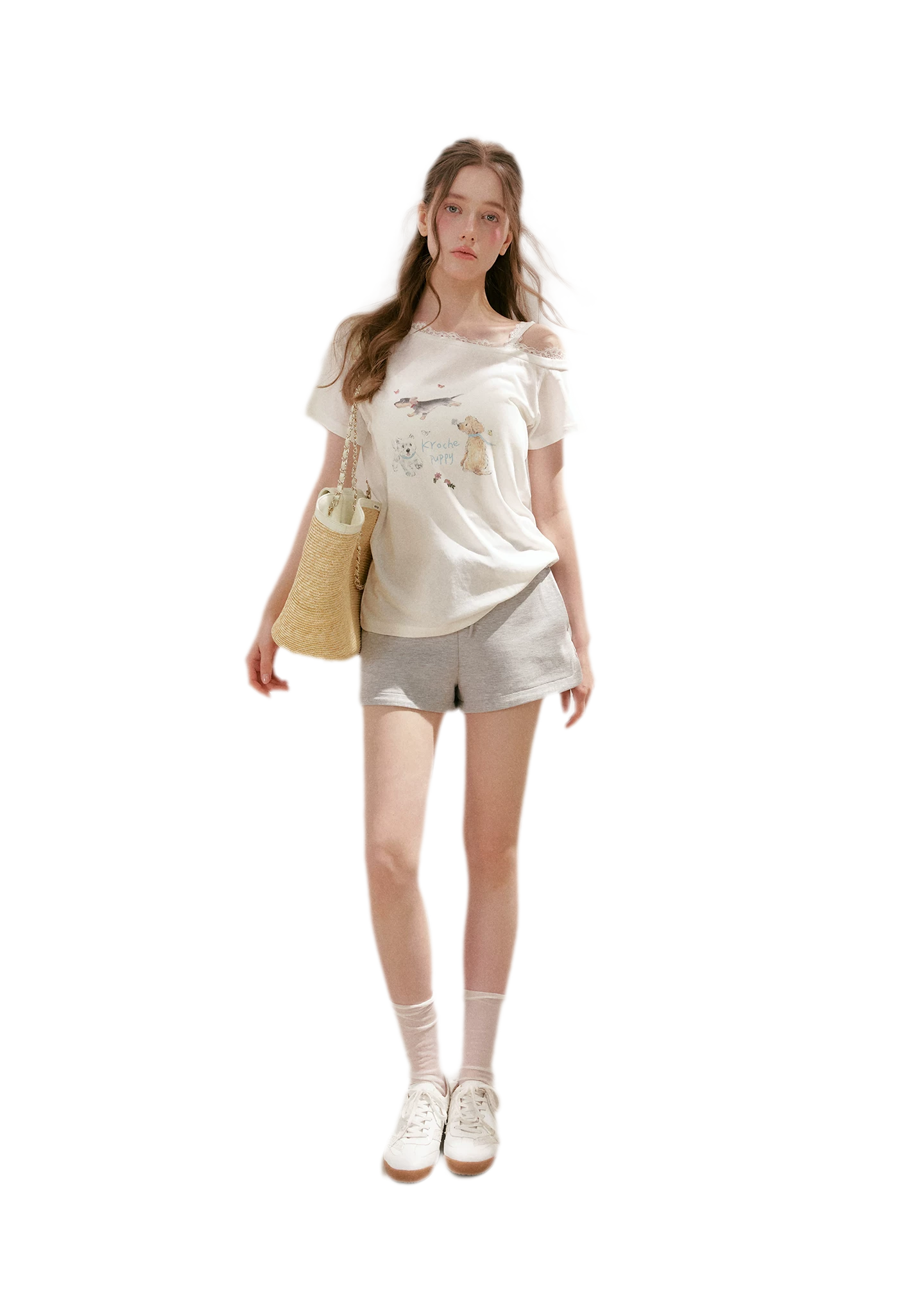 Tencel Cotton French Lace Puppy Print Asymmetric T-Shirt