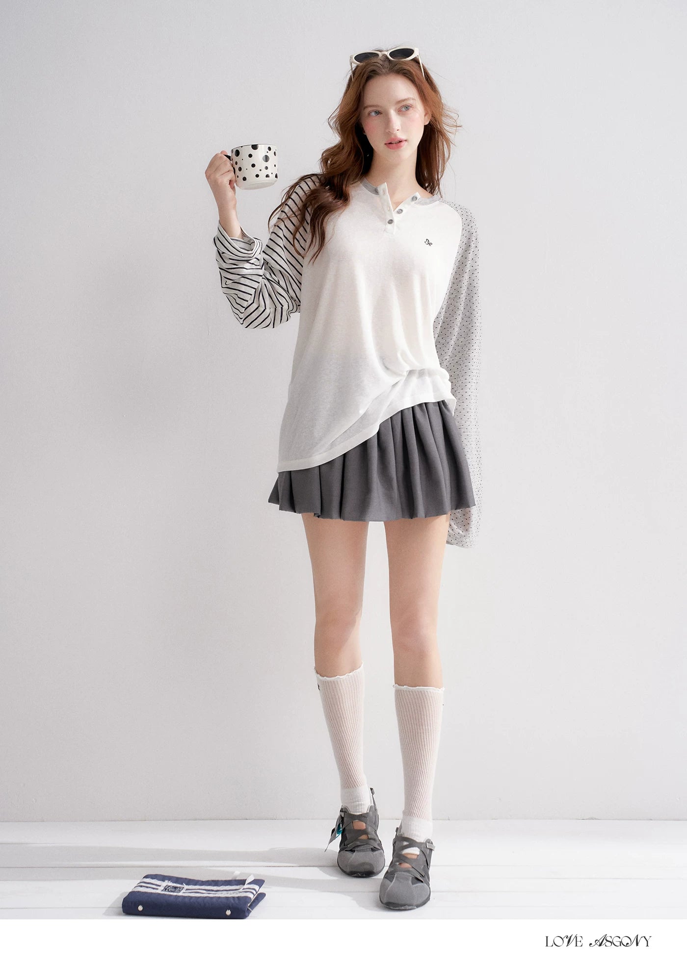 Striped Polka Dot Raglan Sleeve Long Sleeve Pullover