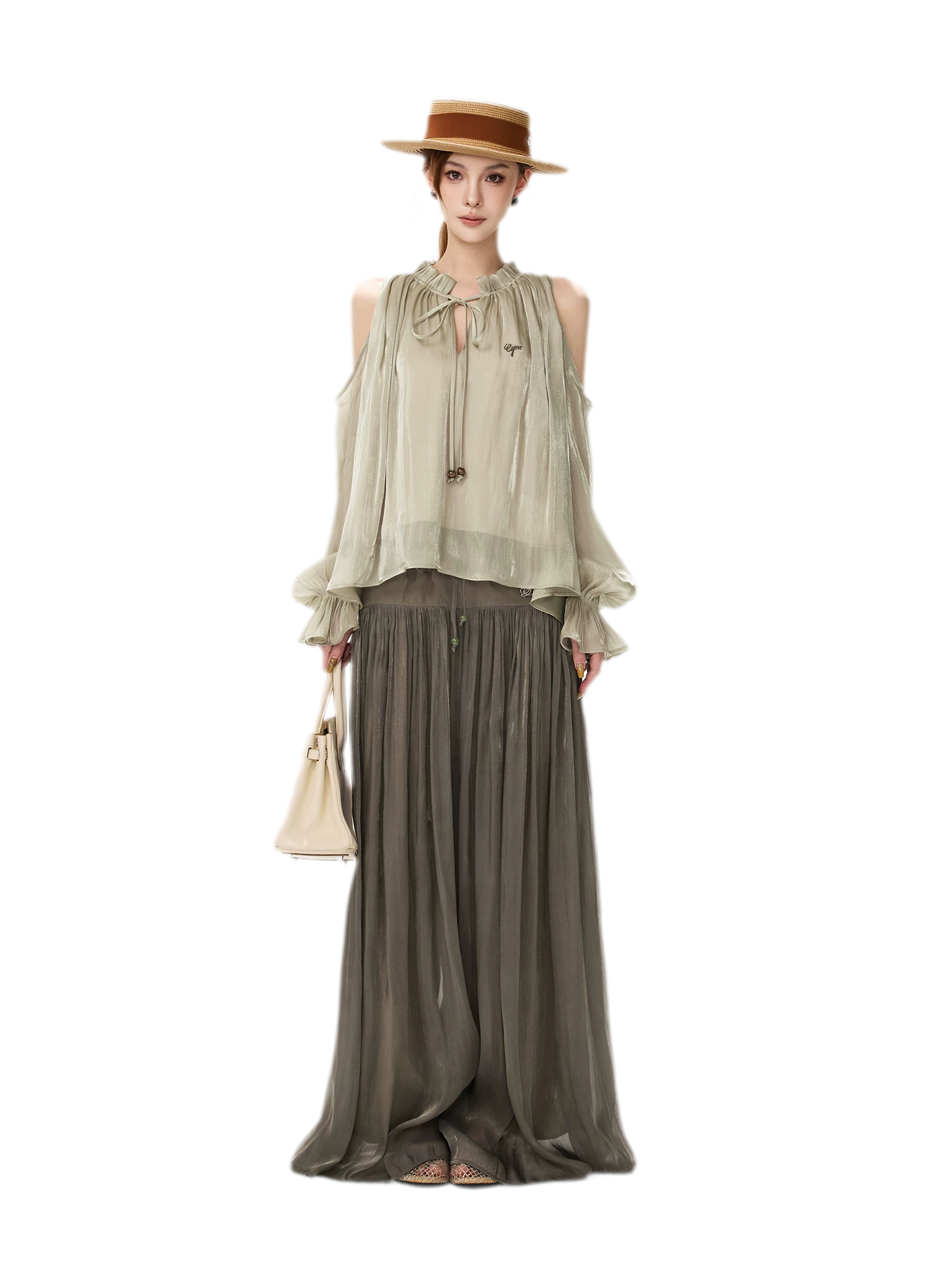 Pearlescent Crushed Chiffon Skirt-Pants