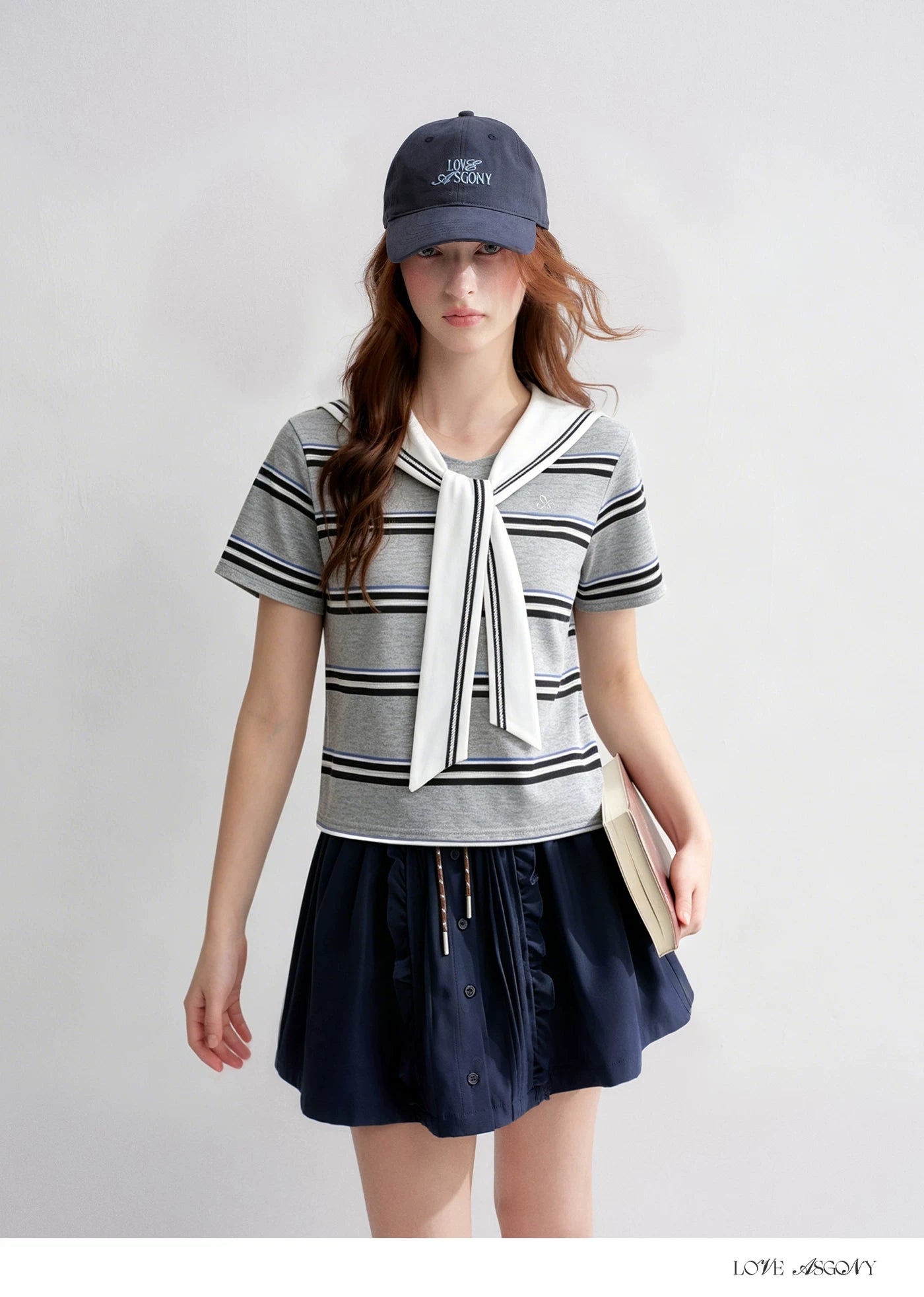 Navy Sailor Collar Tie-Striped Short T-shirt