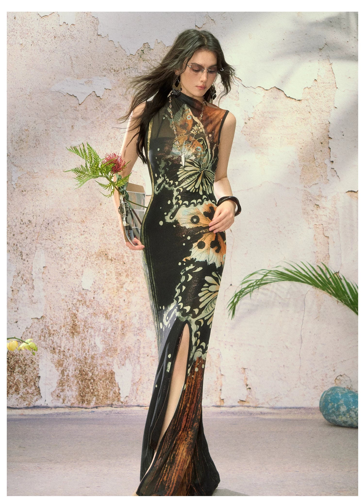 Hand-Painted Butterfly Print Two-Piece Dress Set