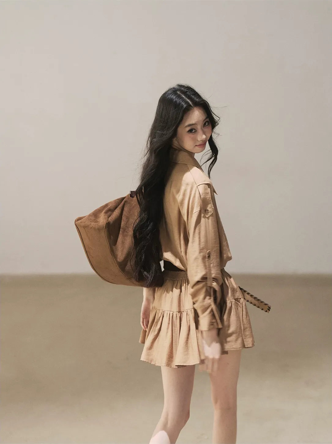 High-Waist Ruffle Shirt Dress