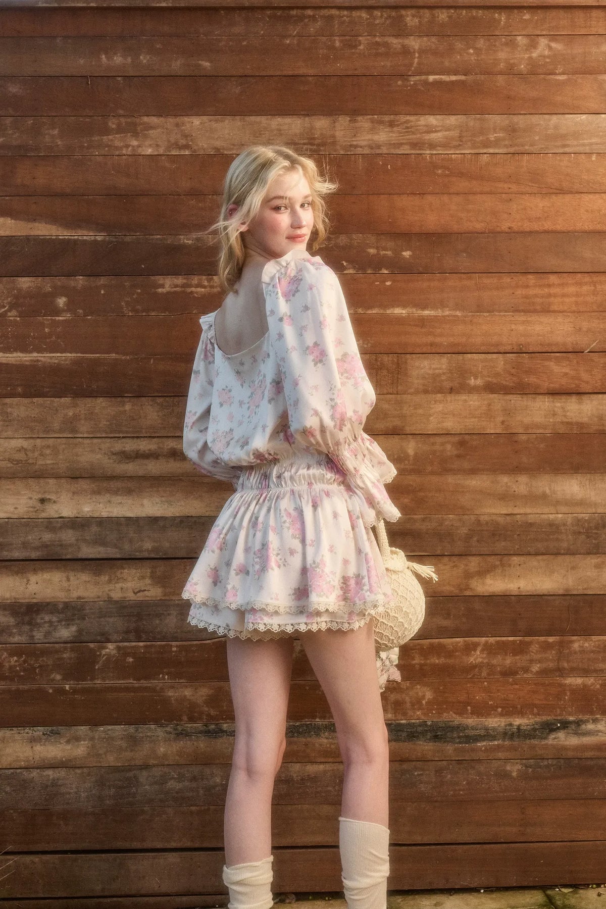 Floral Lace Puff-Sleeve Dress Set