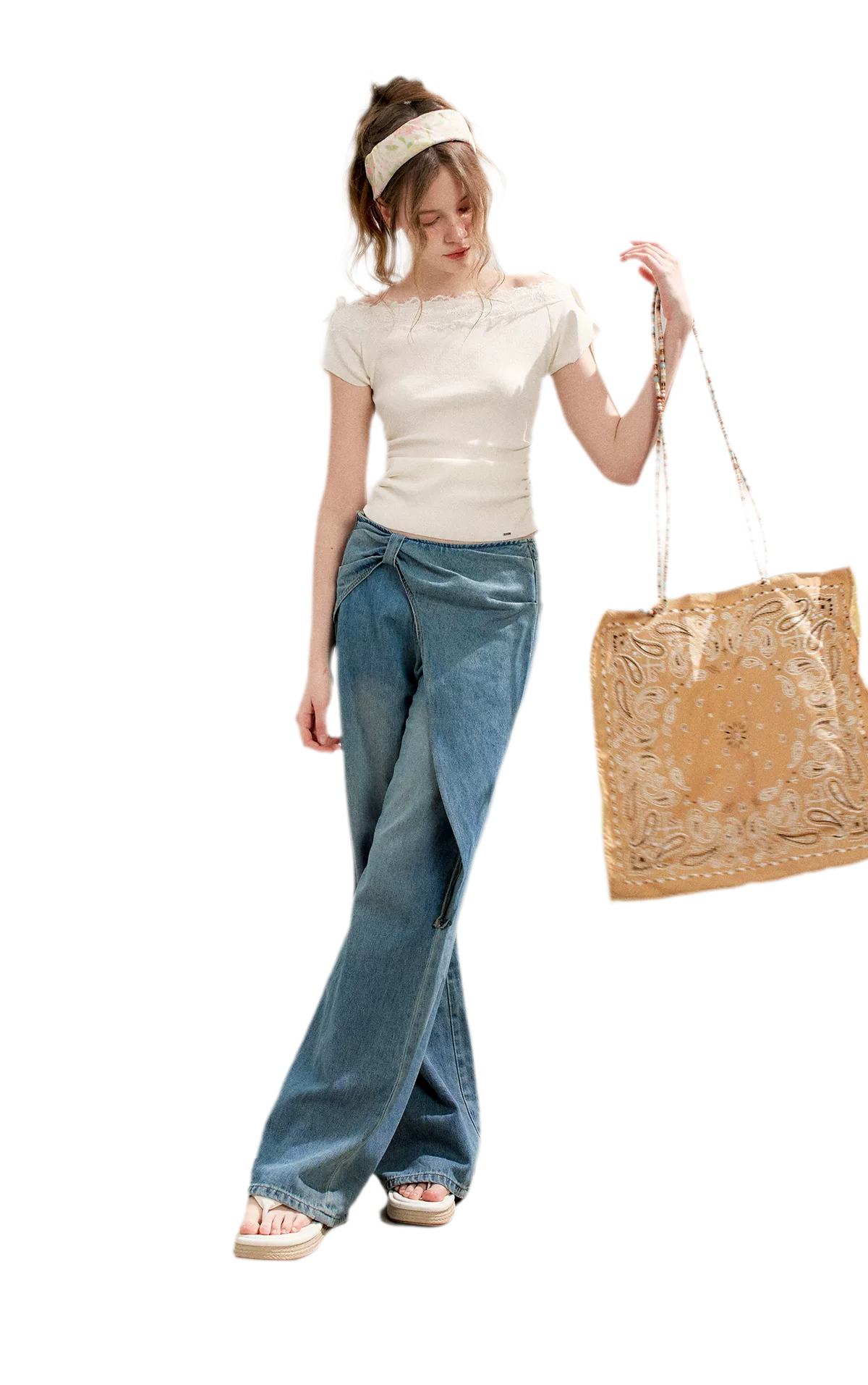Lace Trim Off-Shoulder Knit Top & Denim Pants