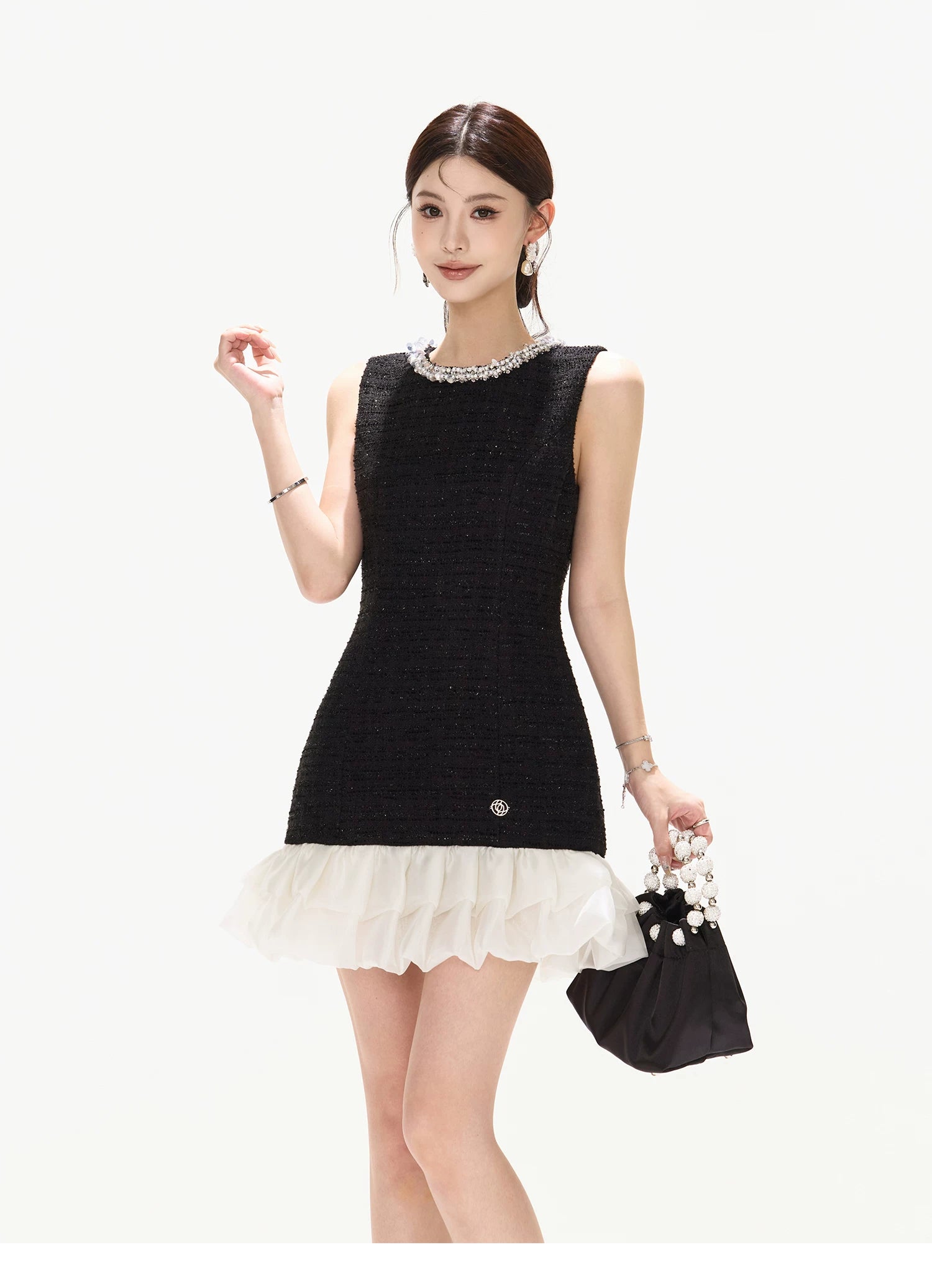 Diamond Neckline Ruffled Sleeveless Waist-Cinching Dress