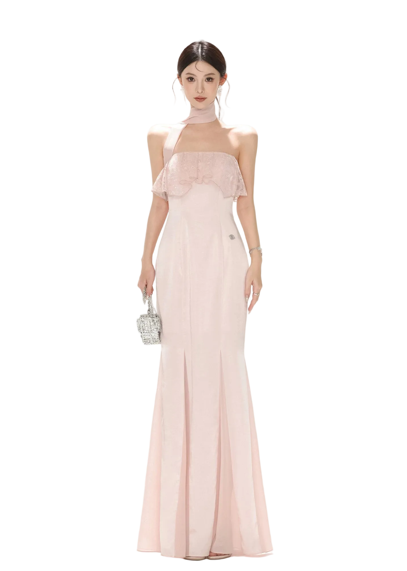 Strapless Lace Ruffle Fishtail Long Dress in Champagne