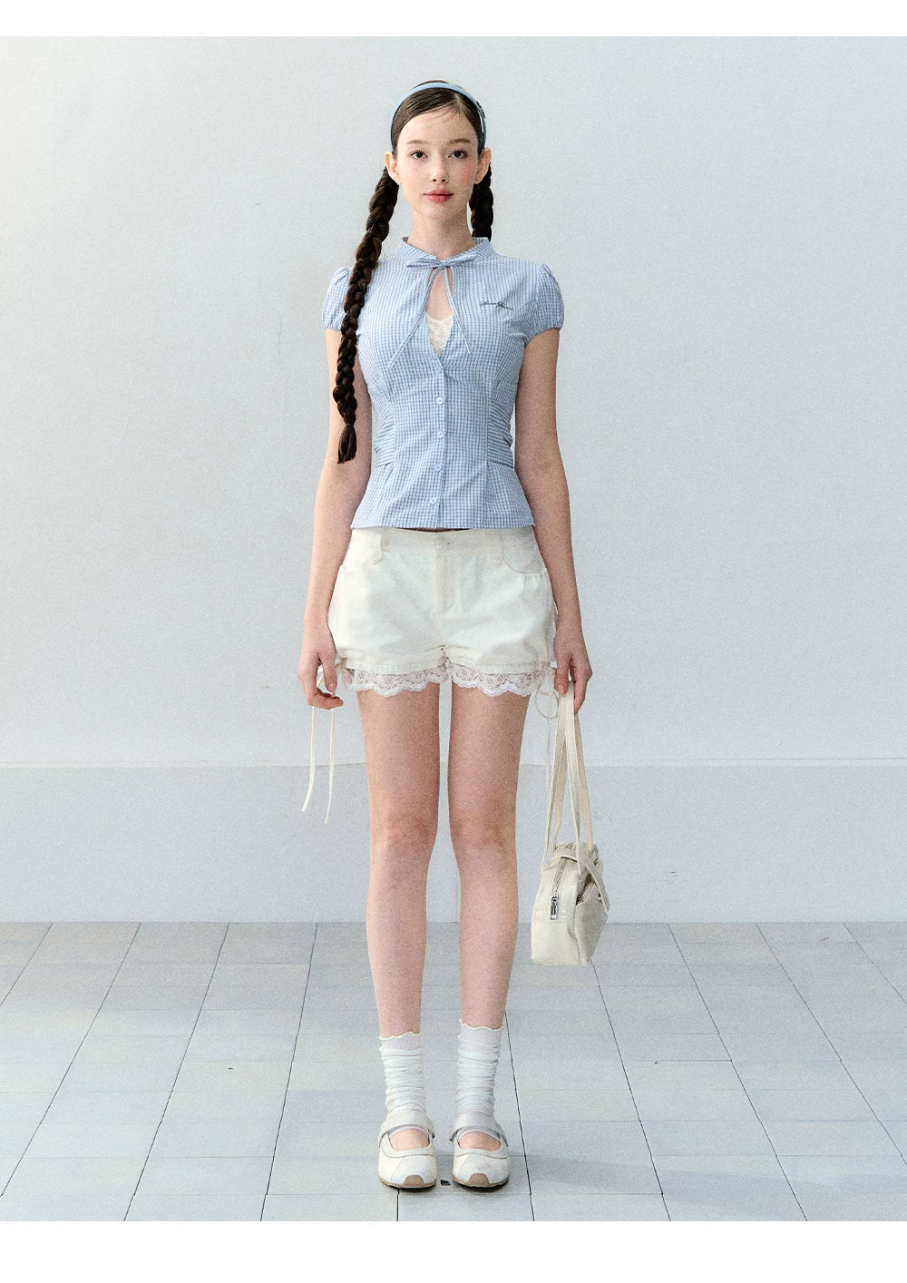 Retro Plaid Tie-Waist Hollow Waist Shirt