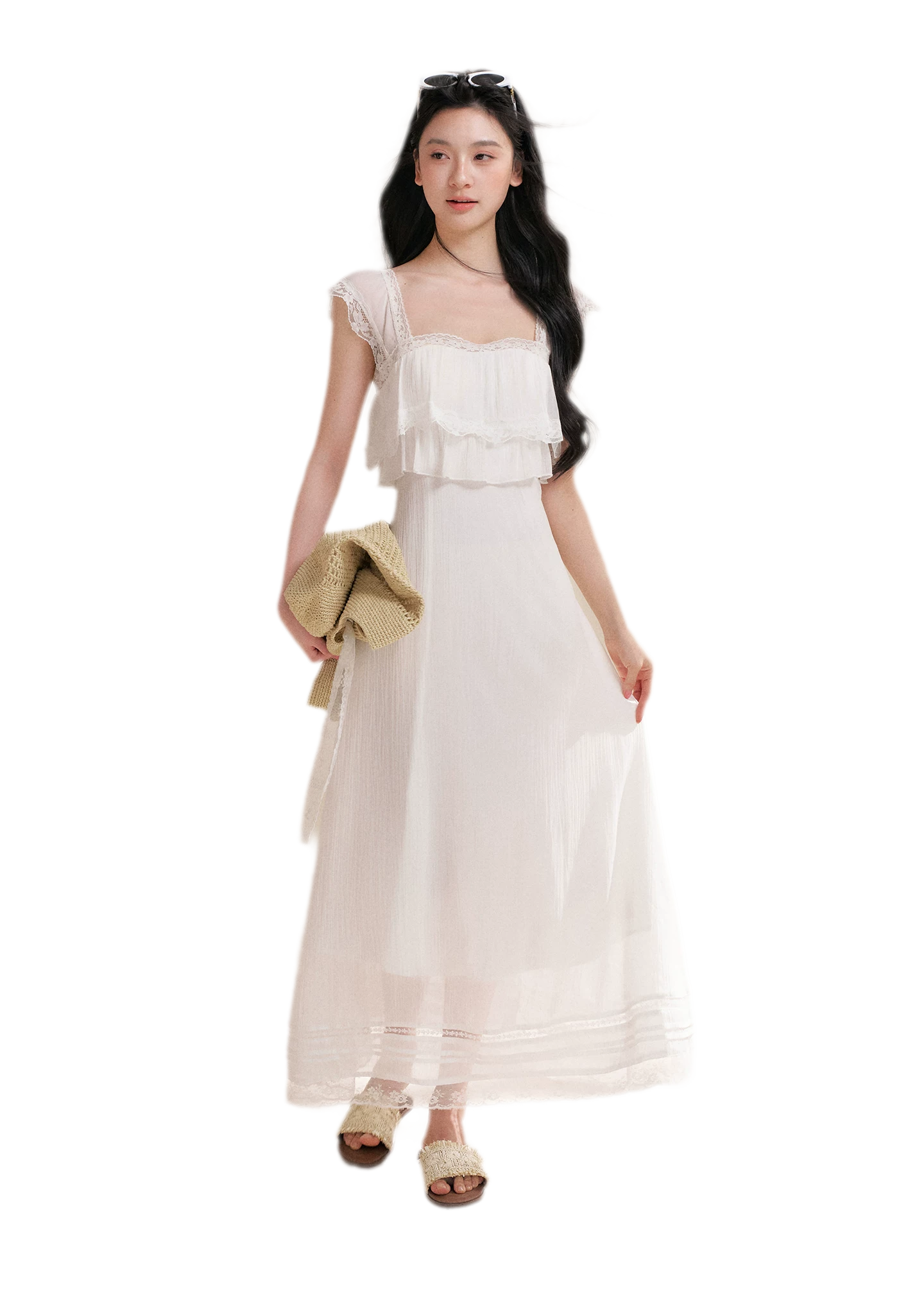 Lace Ruffle Waist Long Dress