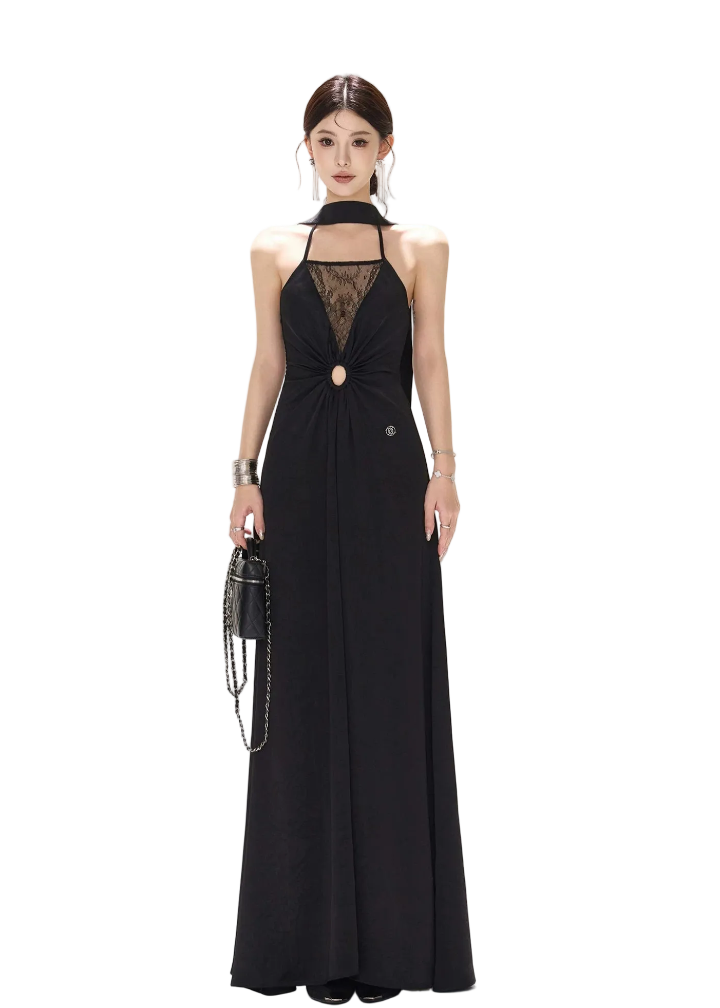Mesh Lace Deep V Halter Dress with Satin