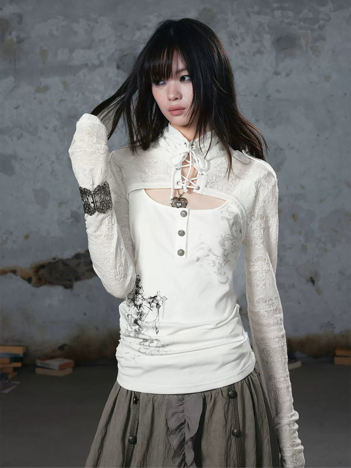 Silver Foil Gothic Lace-Up Top