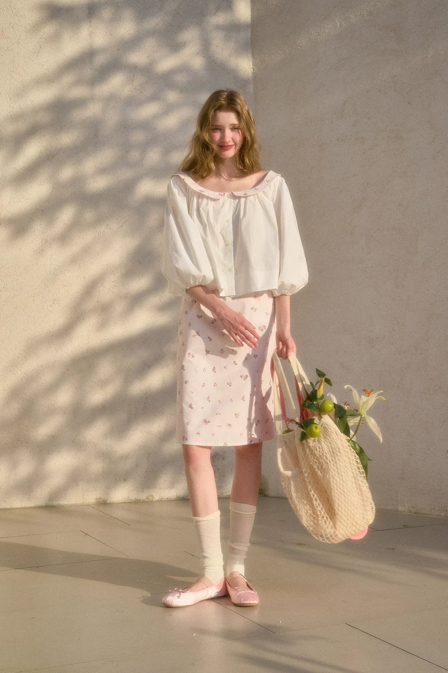Floral Puff-Sleeve Blouse Skirt Set
