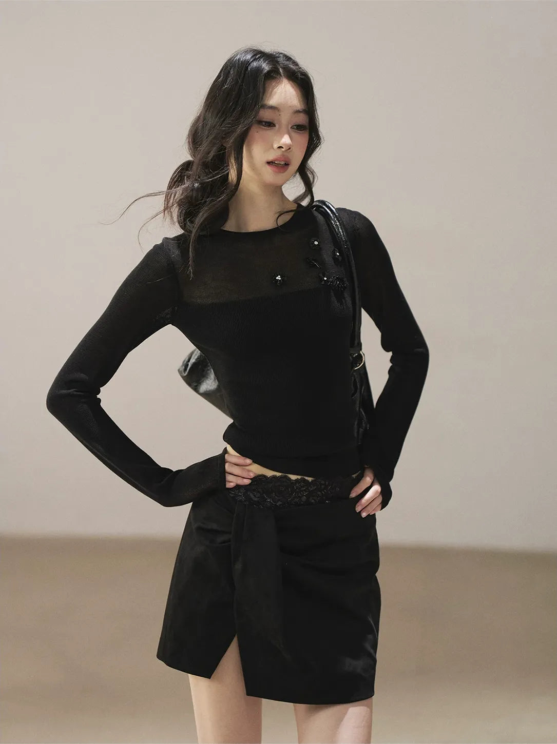 Sheer Cropped Long-Sleeve Top