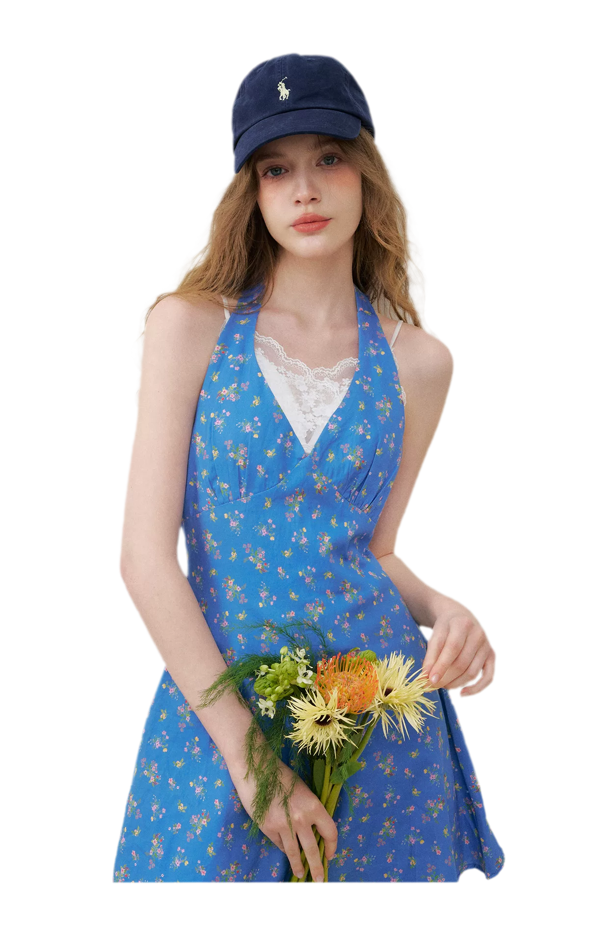Romantic French Halter V-neck Floral Dress