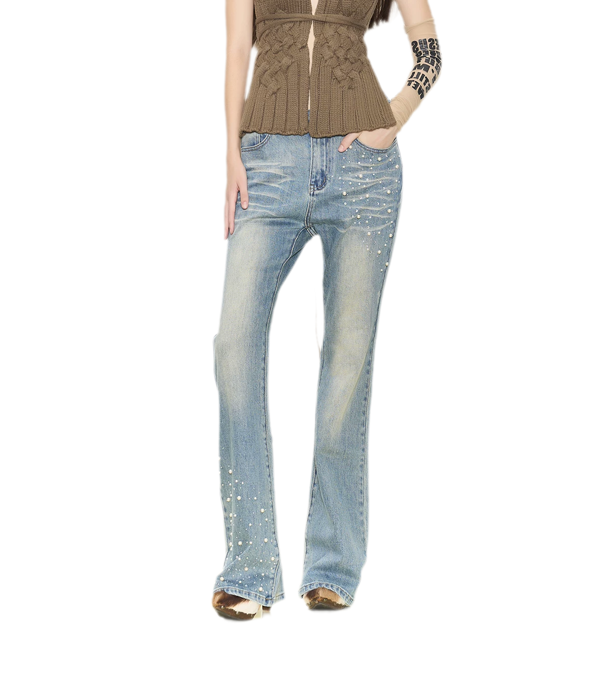 Pearl Embellished Straight Jeans
