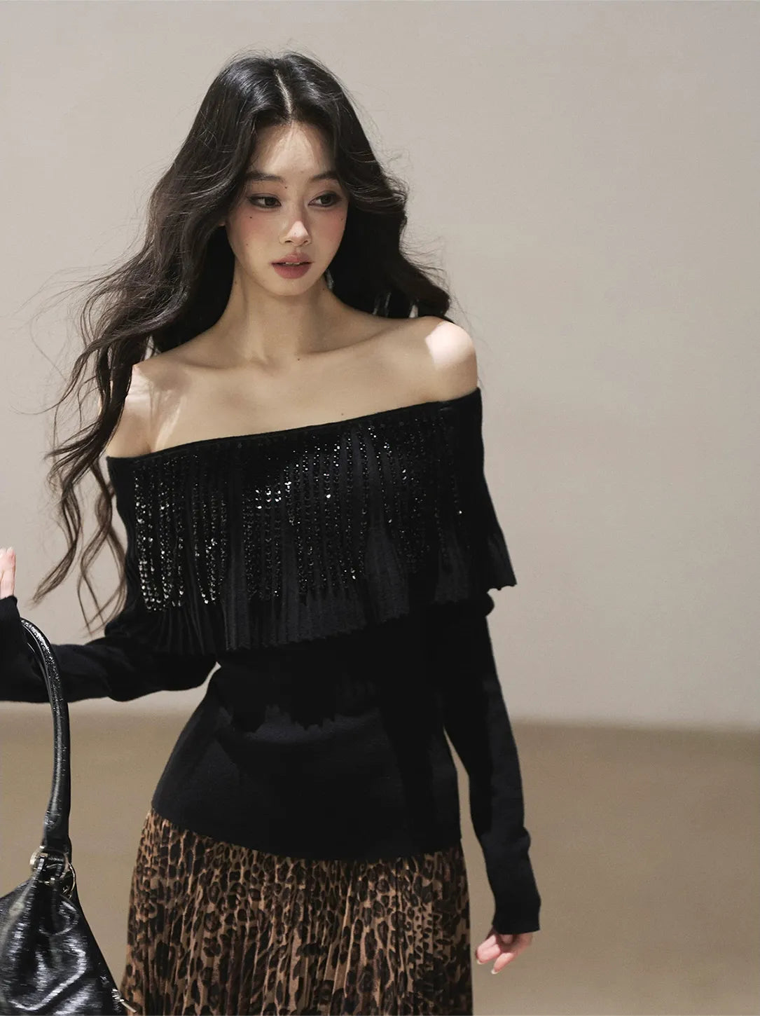 Pleated One-Shoulder Long-Sleeve Top