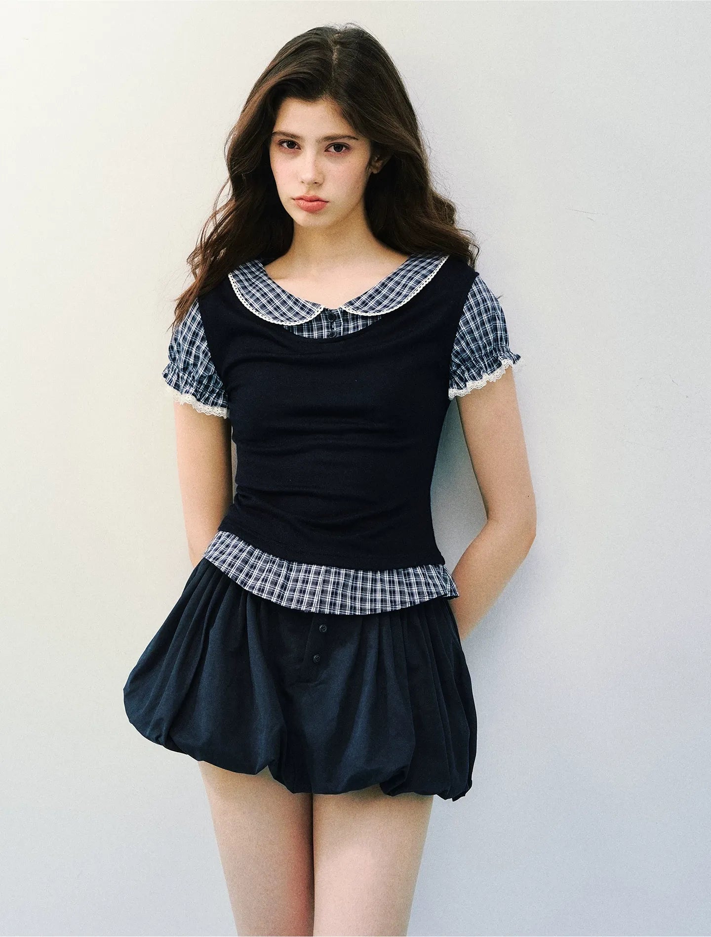 Navy Petal Pleated Skirt