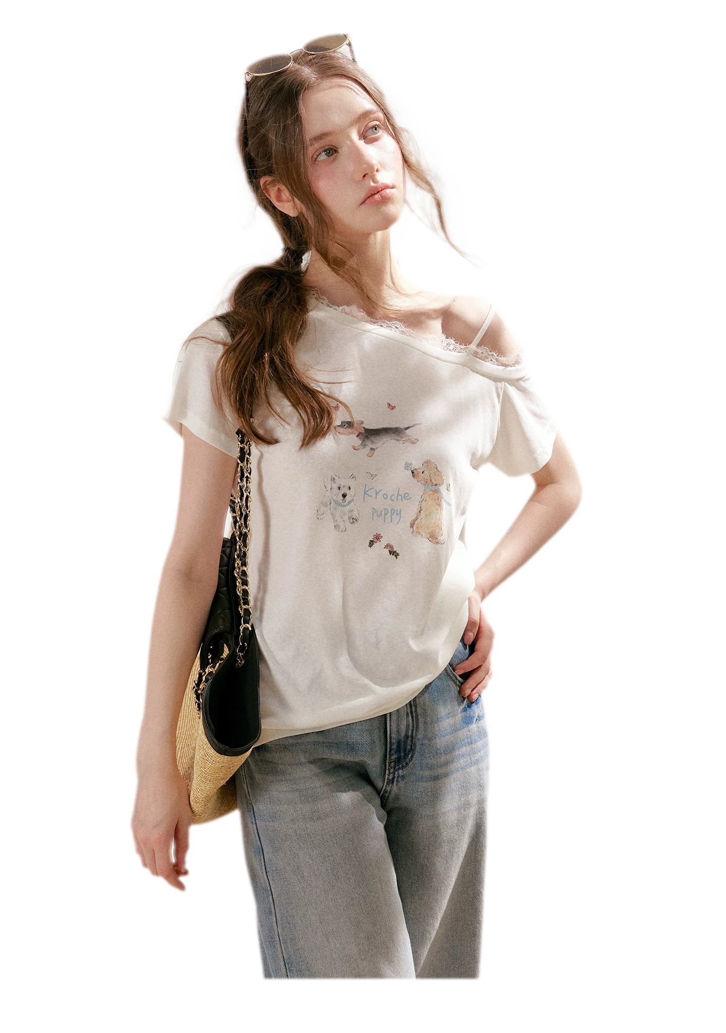 Tencel Cotton French Lace Puppy Print Asymmetric T-Shirt