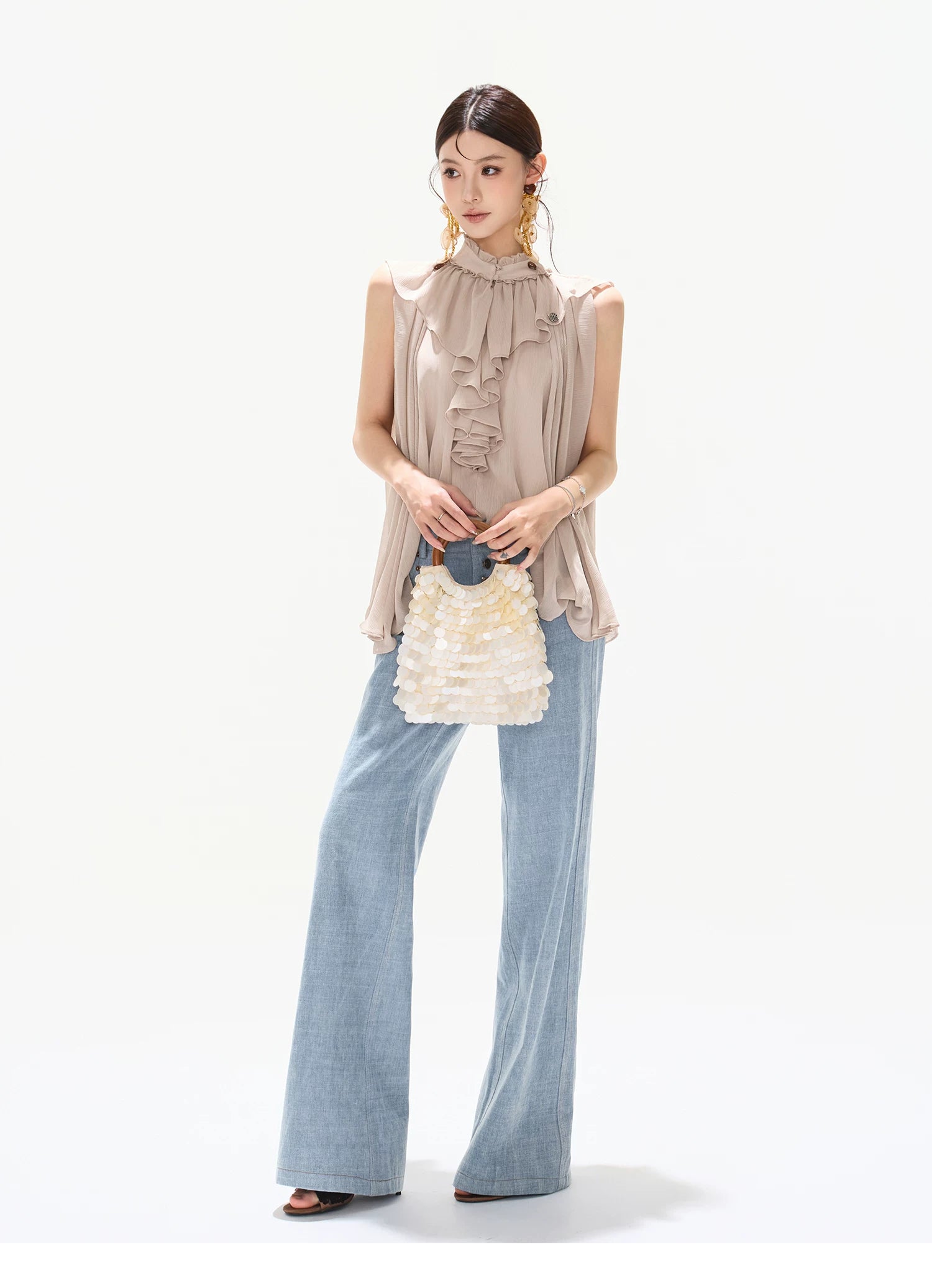 90s Vintage Washed Metal Button Wide-Leg Denim Pants
