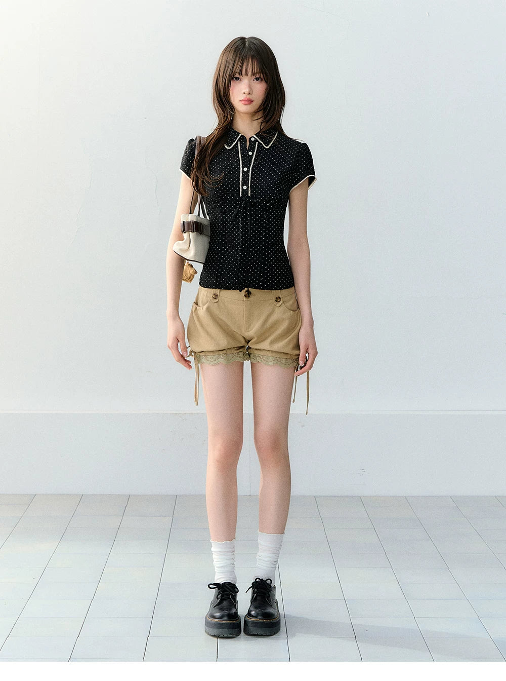 Korean Style Lyocell Waist-Tie Polka Dot Puff Sleeve