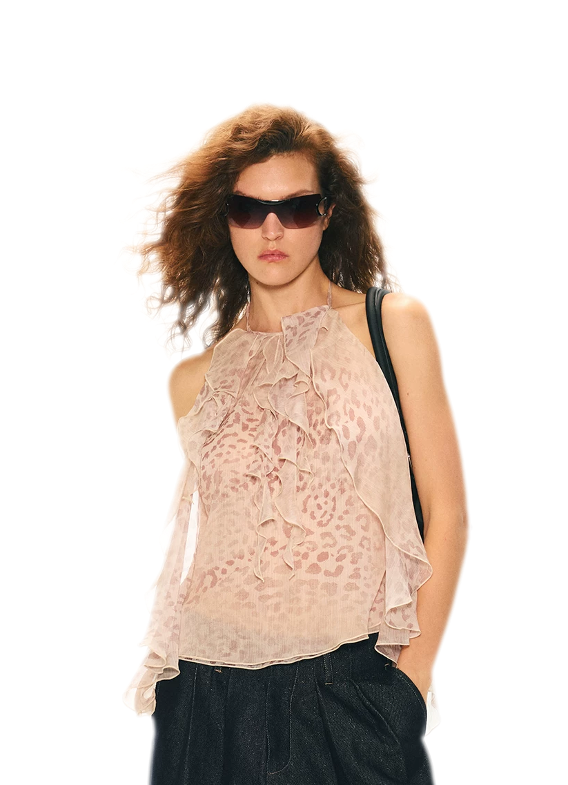 Off-Shoulder Halter Chiffon Check Print Top