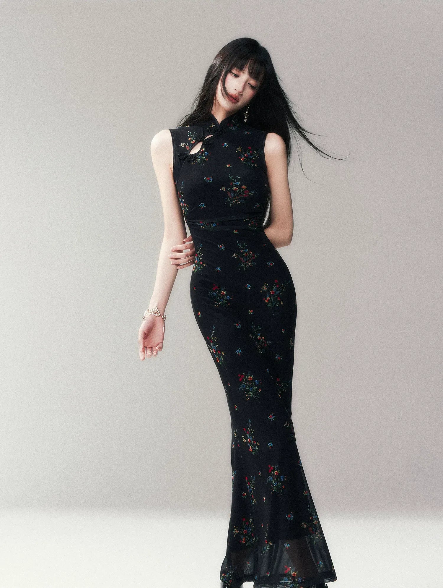 Dark Floral Mesh Qipao Dress