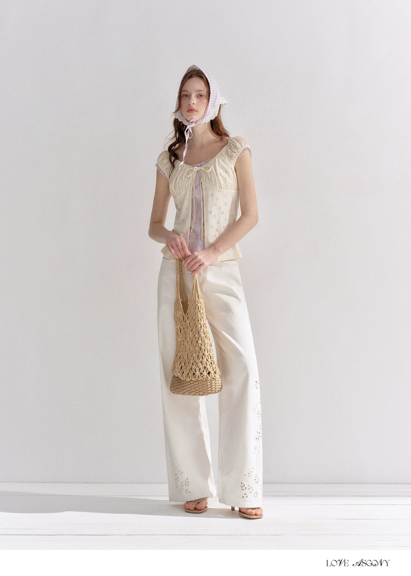 Two-Layer Floral Cutout Contrast Tie-Front Blouse