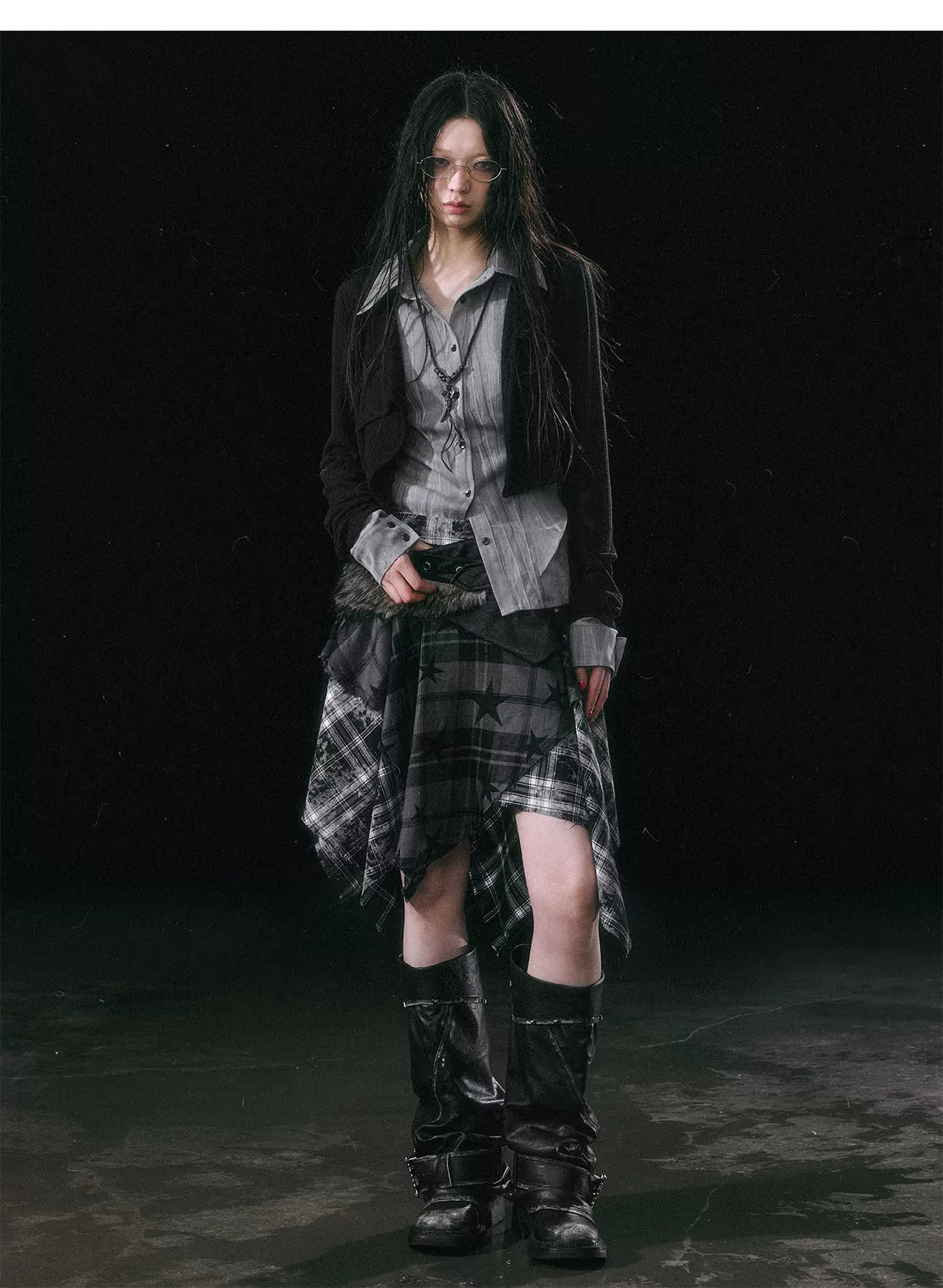 Star Plaid Raw-Edge Skirt