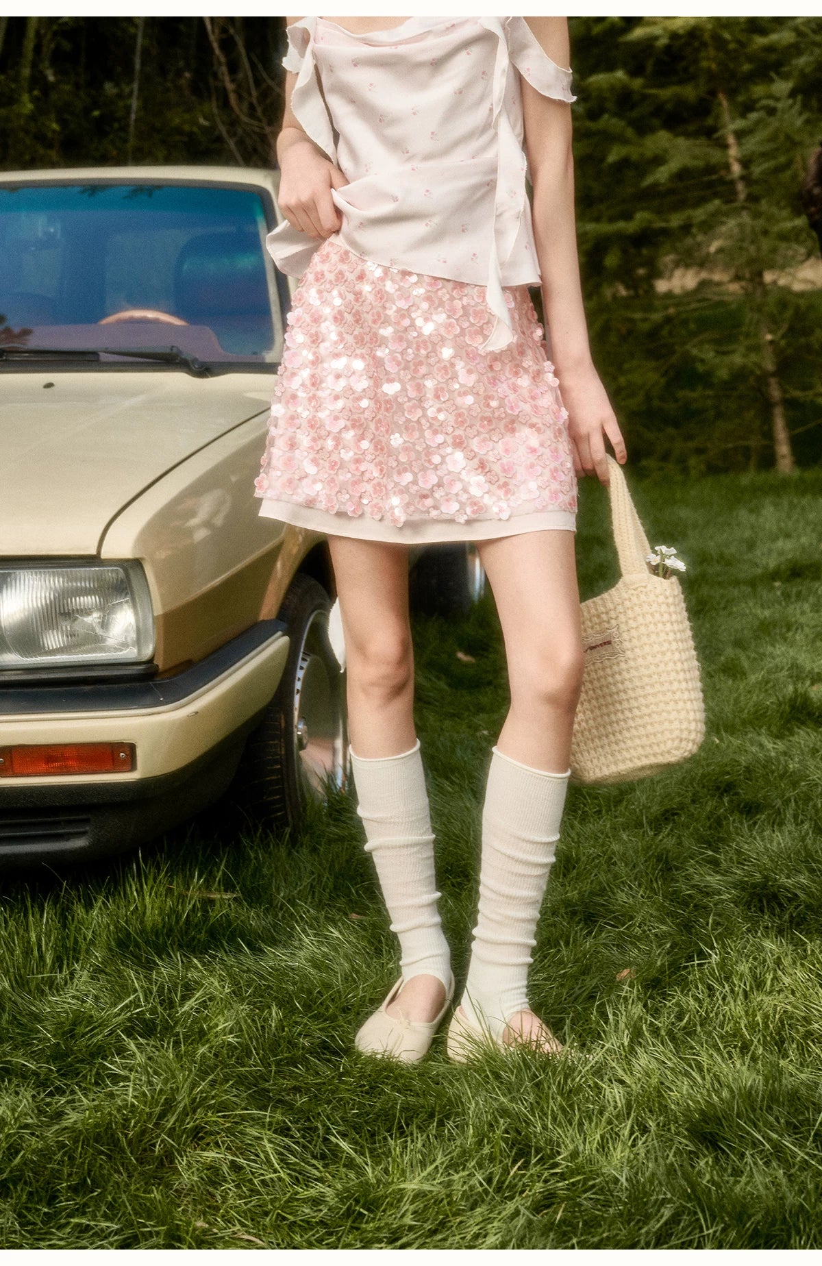 Babypink Satin Ribbon Top & Sequin Skirt Set