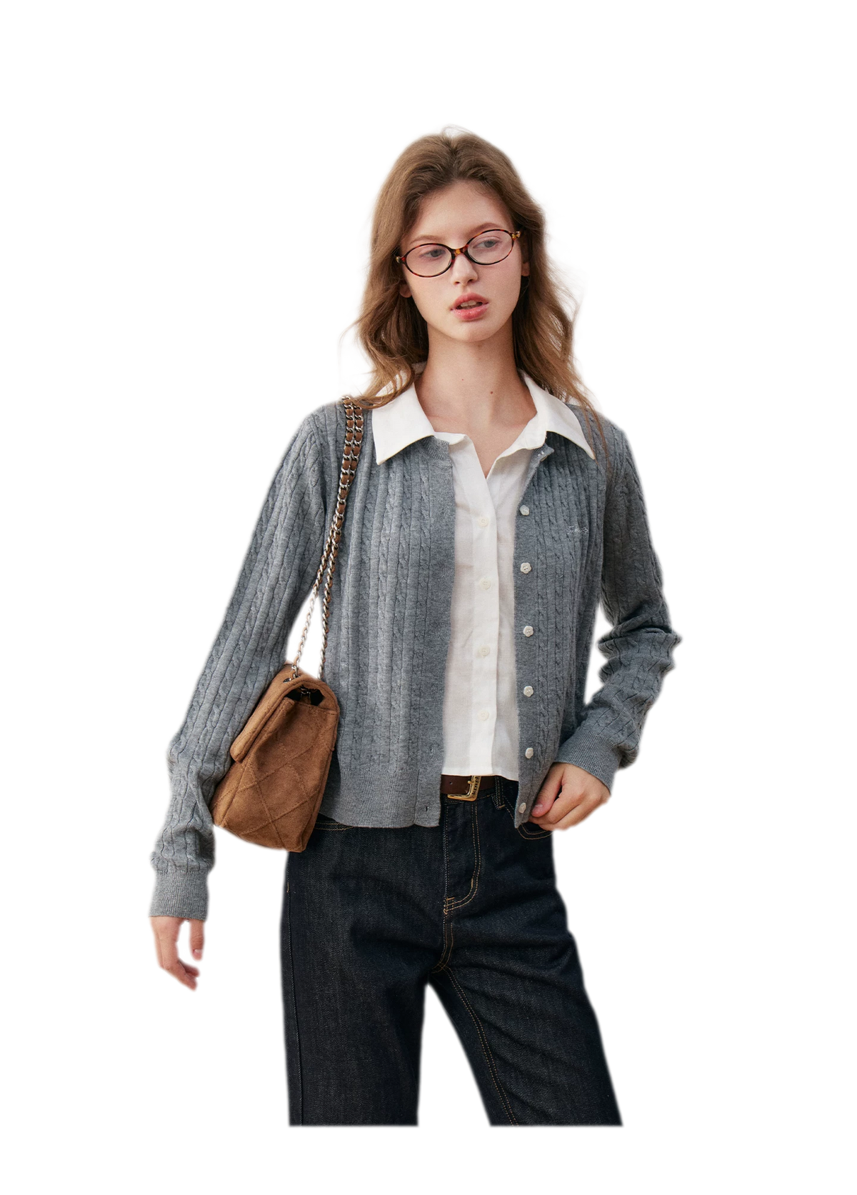 Cardigan en maille torsadée avec empiècement chemise
