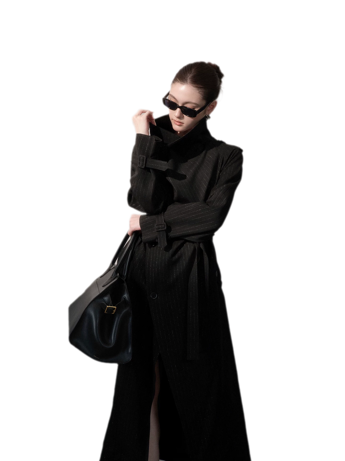 Silver-Thread Striped Long Trench Coat