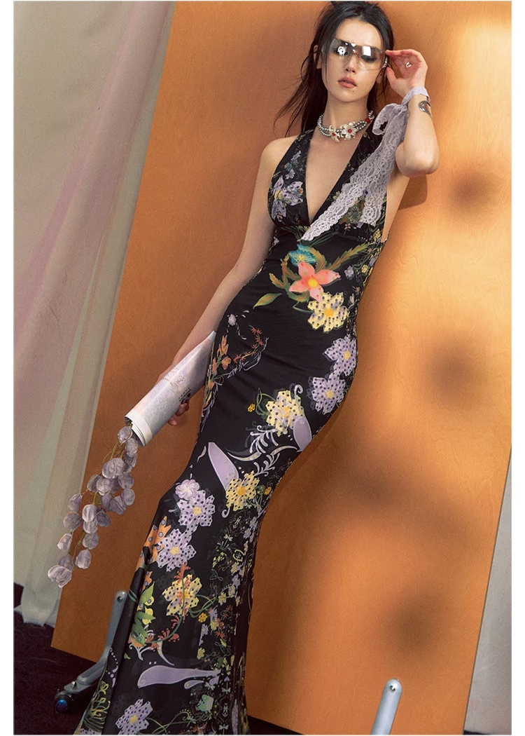 Romantic Floral Halter Long Dress