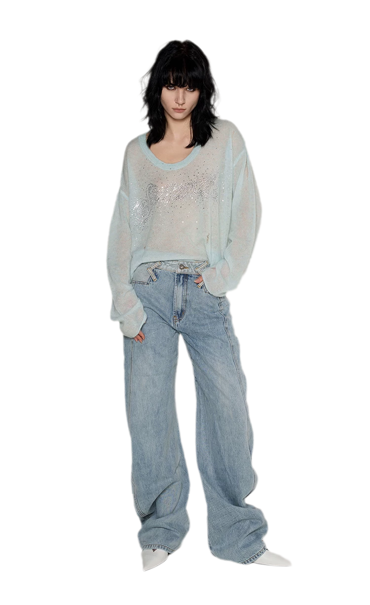 Pullover in mohair effetto consumato con strass