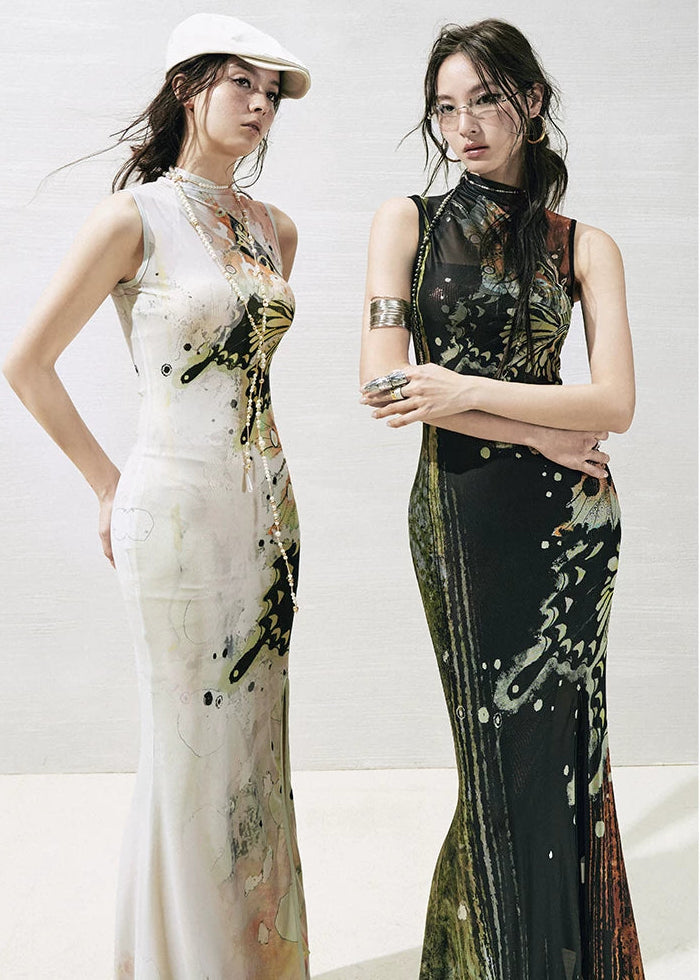Hand-Painted Butterfly Print Two-Piece Dress Set